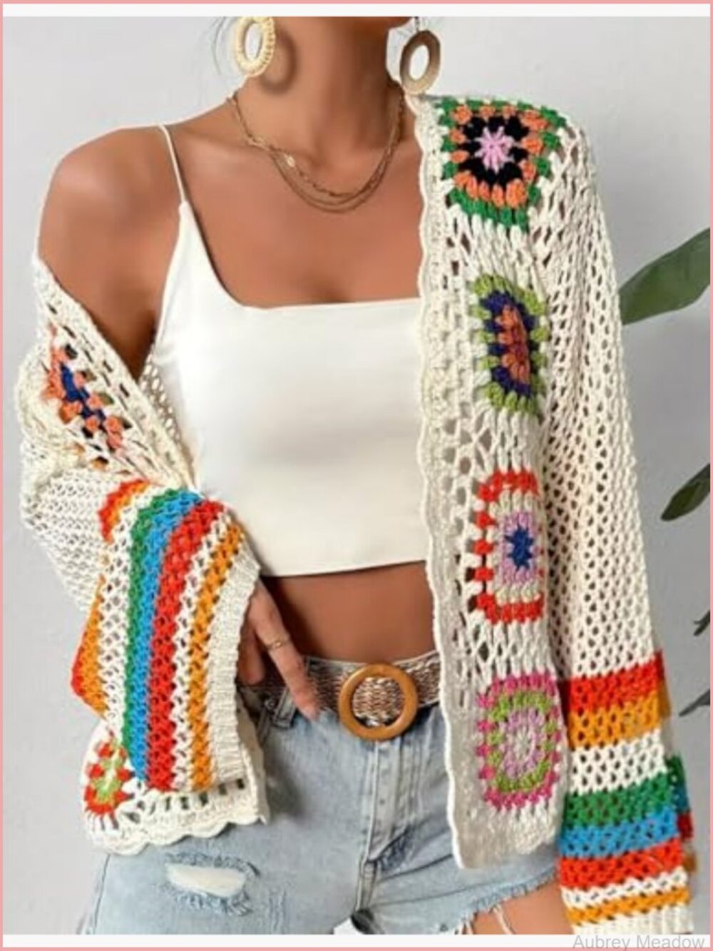 Floral Crochet Cardigan Boho Open Front Long Sleeve Knit Sweater - Picture 5 of 5